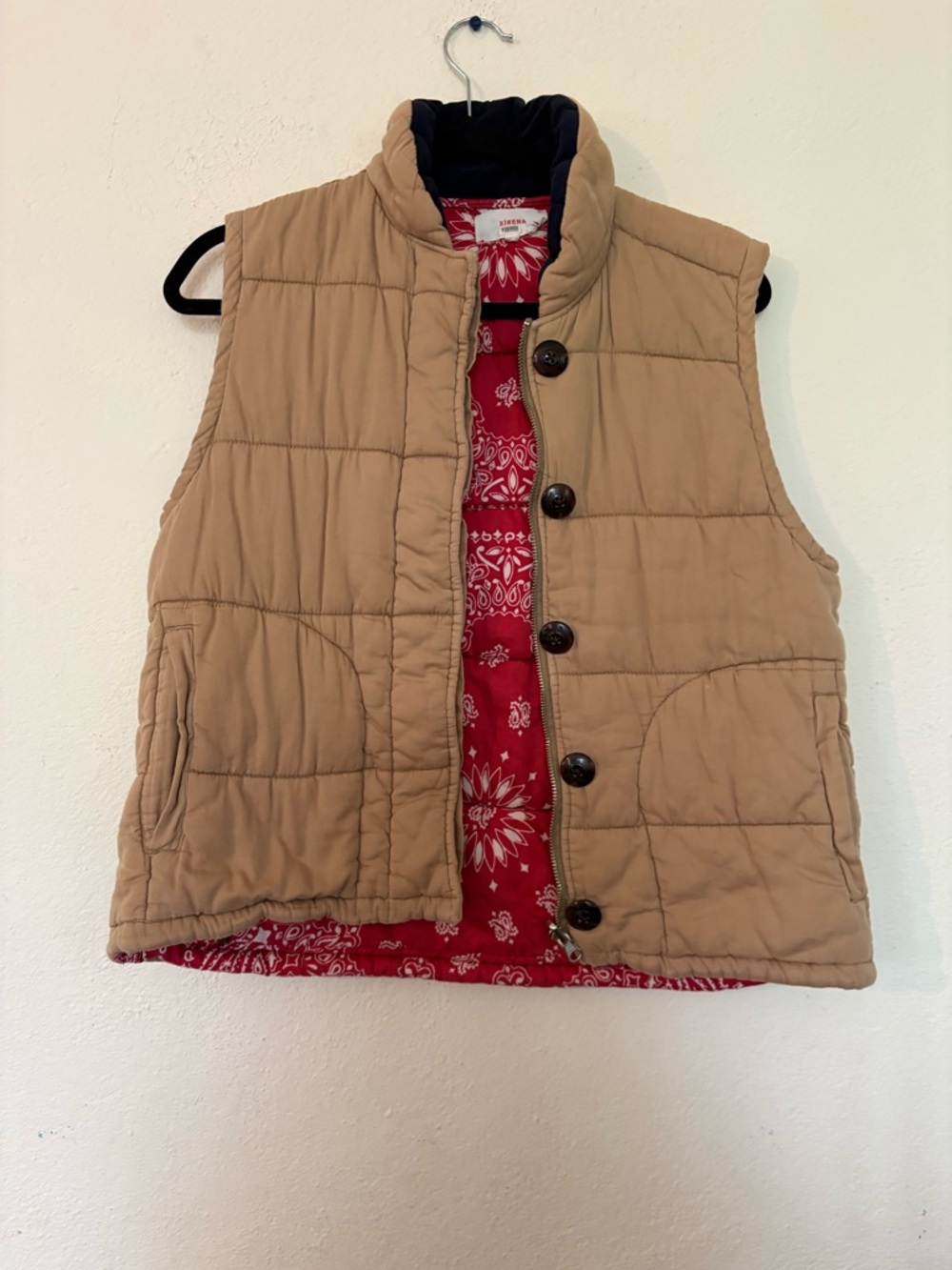 Xirena Hunter Quilted Tan Vest with Red Lining